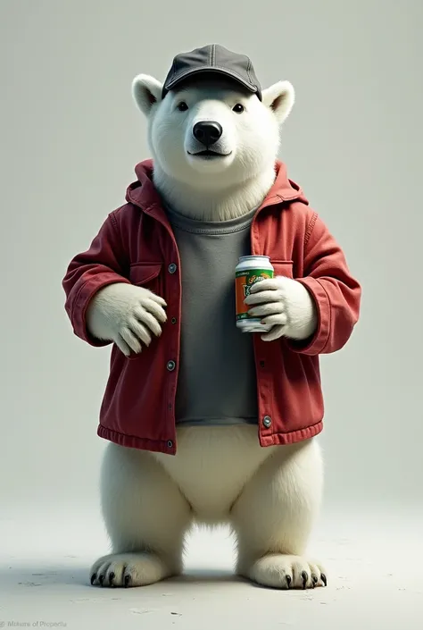 A polar bear standing on both legs with a baseball flow and a red flannel on it and a beer in his hand