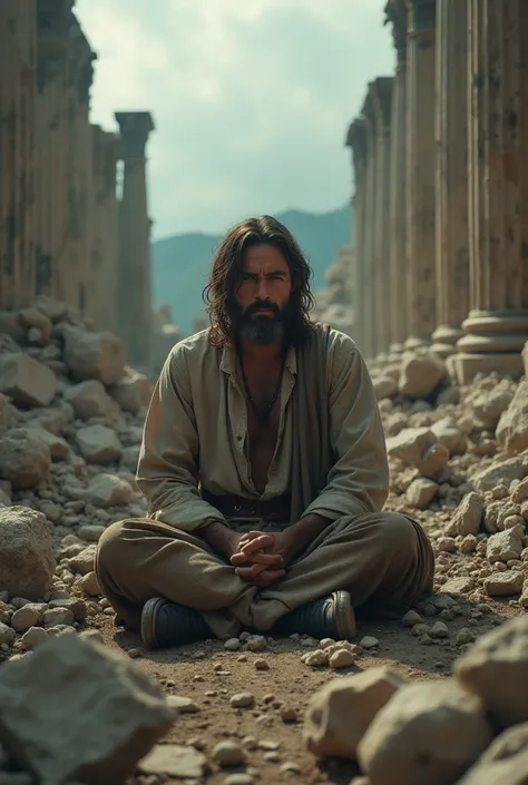  A man sitting on a pile of rubble with his hands folded, 8k movie still, tiro  Cinematic dramático, Moses,  still from a fantasy movie , promotional image of the film, biblical epic film.  Cinematic