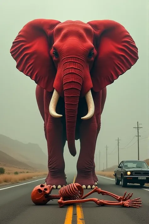 "A large red elephant with its entire body painted red, having two mouths, standing in the middle of a road. Beneath it lies a human skeleton with scattered bones. The elephant is shown with a car nearby."