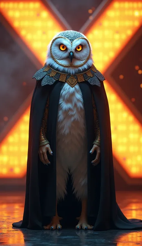 An elderly humanoid owl with weathered white feathers and piercing golden eyes. He wears a black cape with gold accents. He stands full-length on the illuminated stage of "Americas Got Talent," looking directly into the camera with a piercing, mesmerizing ...