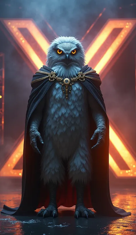 An elderly humanoid owl with weathered white feathers and piercing golden eyes. He wears a black cape with gold accents. He stands full-length on the illuminated stage of "Americas Got Talent," looking directly into the camera with a piercing, mesmerizing ...