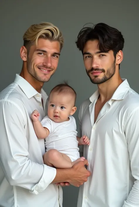 2 masculine men with a baby, 1 ethnic Englishman, 1 masculine Korean male athlete, an English actor with short blonde hair and white clothes holding a Eurasian baby aasculine South Korean actor on the side with white clothes, photorealistic, deatiled Engli...