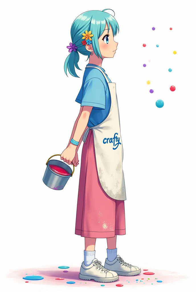 (anime) A teenage girl ,  of light blue hair and eyes with a ponytail,  wearing a blue blouse with light blue sleeves and long ,  a pink skirt with pink pants underneath , white sneakers and socks ,  a dirty white paint apron ,  colored flower earrings and...