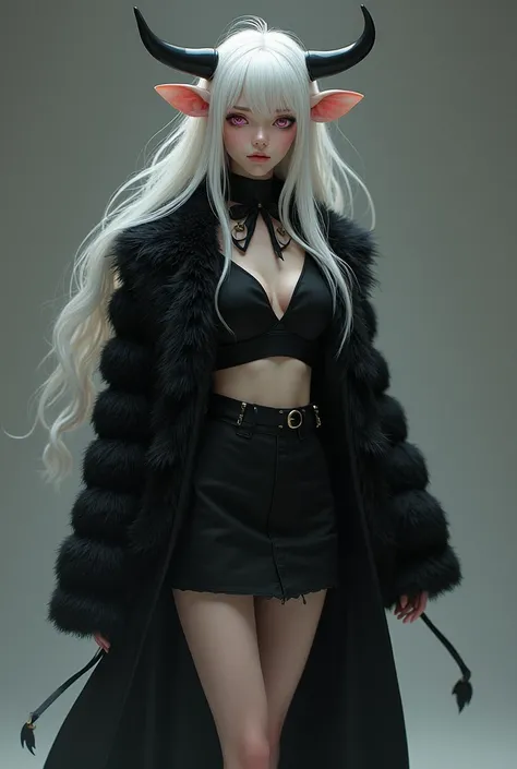 Appearance:  snow-white skin  ,  white hair, Light pink eyes ,a black top with a neckline,Black fur coat, black sneakers ,black mini skirt, cow tail collar  ,And cow ears  