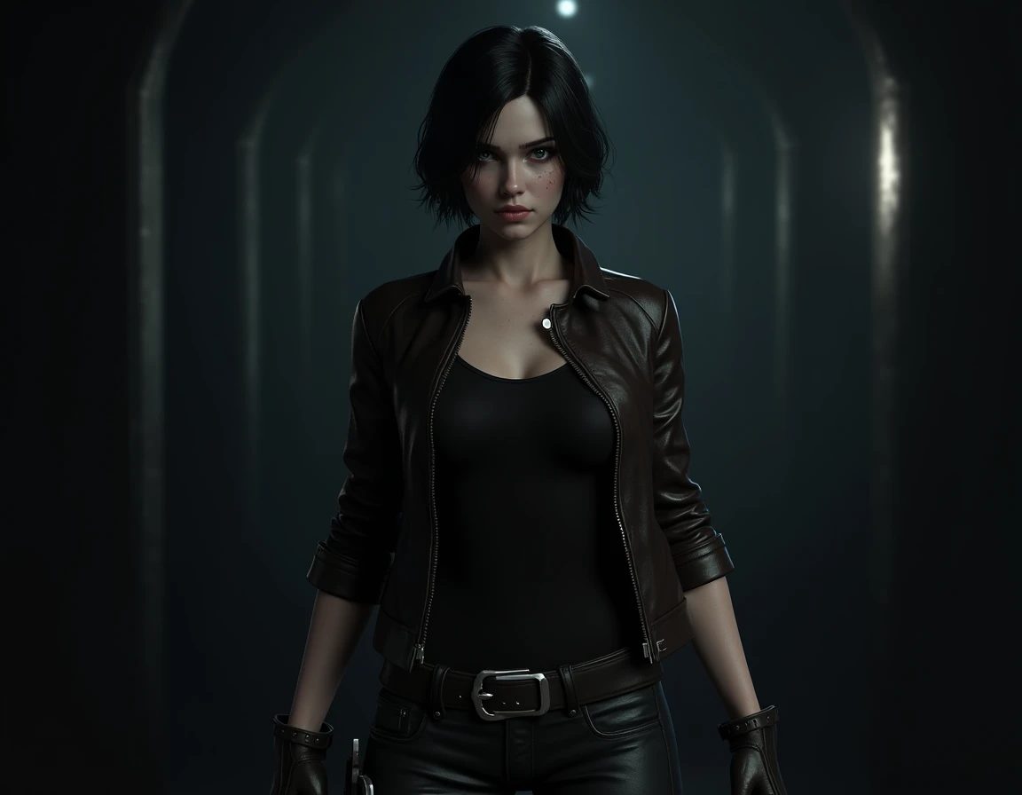 Resident Evil, horror game, Resident Evil 6,  female user , a knife in the right hand, slender girl, piercing eyes,  long lashes,North American, Porcelain Skin, clara, beautiful,  clear freckles on the nose ,  small mouth full , greyish green eyes,  short ...