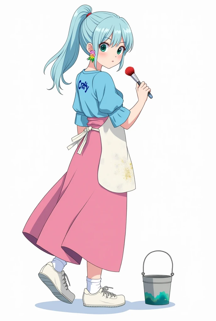 (anime) A teenage girl ,  with light blue hair and eyes with a ponytail ,  wearing a blue blouse with light blue sleeves and long ,  a pink skirt with pink pants underneath , white sneakers and socks ,  a dirty white paint apron ,  colored flower earrings ...