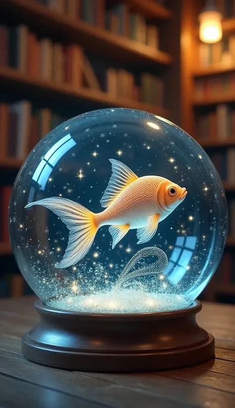  small fish swimming in a snow globe 。The whole body shines like a starry sky 、 leaves small stardust in the bottle every time it swims。 is held in a library 