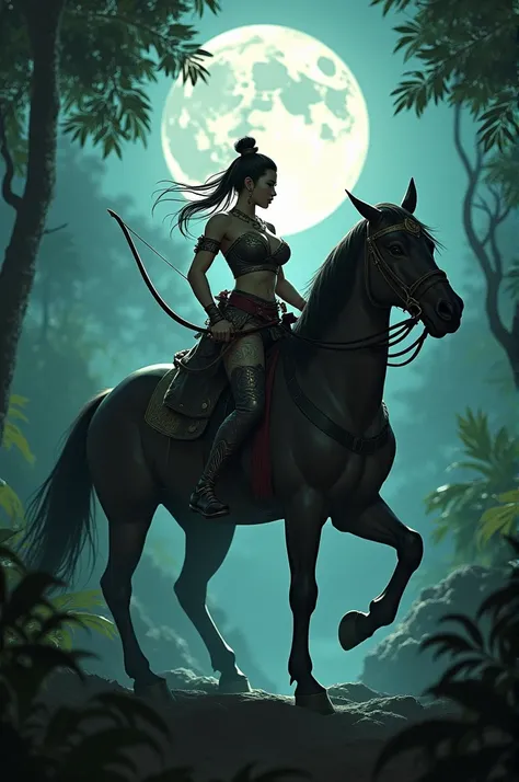 asian girl big boobs big thighs  in a horse in a jungle at midnight and a full moon behind with arrow in hand battle theme