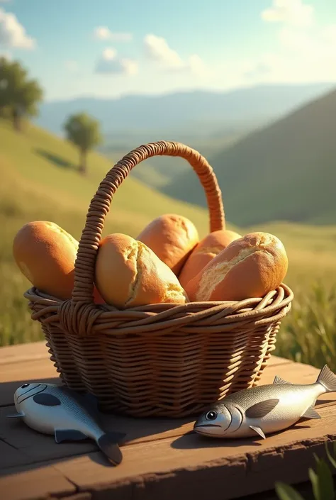 Basket with five loaves and two fish