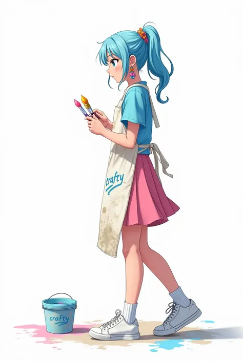 (anime) A teenage girl ,  of light blue hair and eyes with a ponytail,  wearing a blue blouse with light blue sleeves and long ,  a pink skirt with pink pants underneath , white sneakers and socks ,  a dirty white paint apron ,  colored flower earrings and...