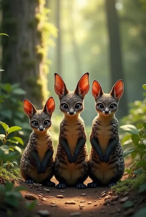 Three quolls with dark brown color with white spots on his body, he is in the forest facing the camera. 