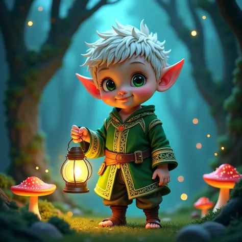 A charming little elf boy with big green eyes, short white hair, and pointy ears. He wears a green and gold tunic with intricate patterns and carries a lantern emitting a soft blue light. The background is an enchanted forest with glowing trees, colorful m...