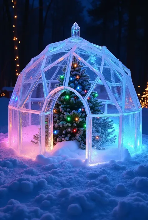 A transparent ice dome made of ice blocks, colorful lights leaking from Christmas trees and decorative lights,