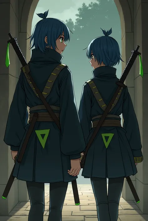 Ninja Girl, green eyes, blue hair, japanese face, skinny body, clothes black with green details, detail hand, crouched with their backs against a stone wall, in the torch-lit outer corridor, 2 soldiers walk side by side. 