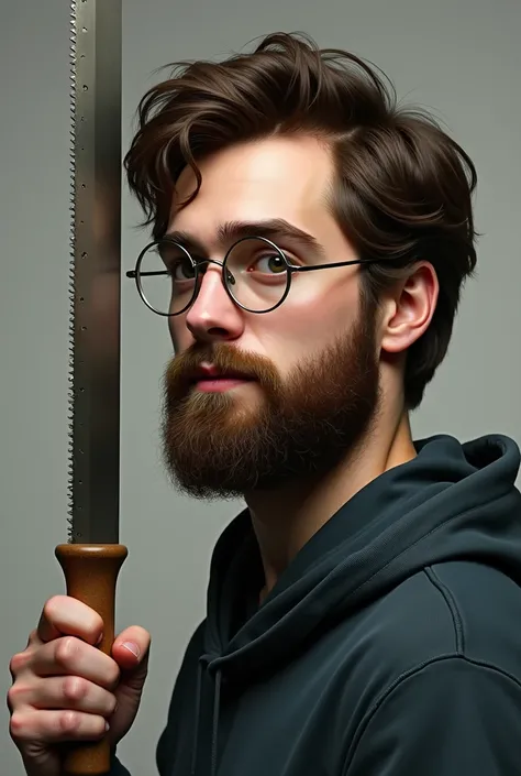 Harry Potter actor with beard and glasses, 25 years old, with a saw in my hand