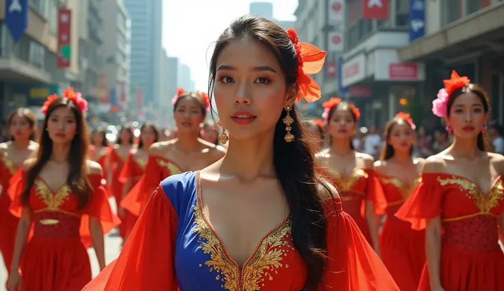 beautiful women from the Philippines, dressed in the color of the flag, in the capital city of the Philippines
