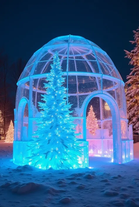 A transparent huge ice dome made of ice blocks, colorful lights leaking from Christmas trees and decorative lights,