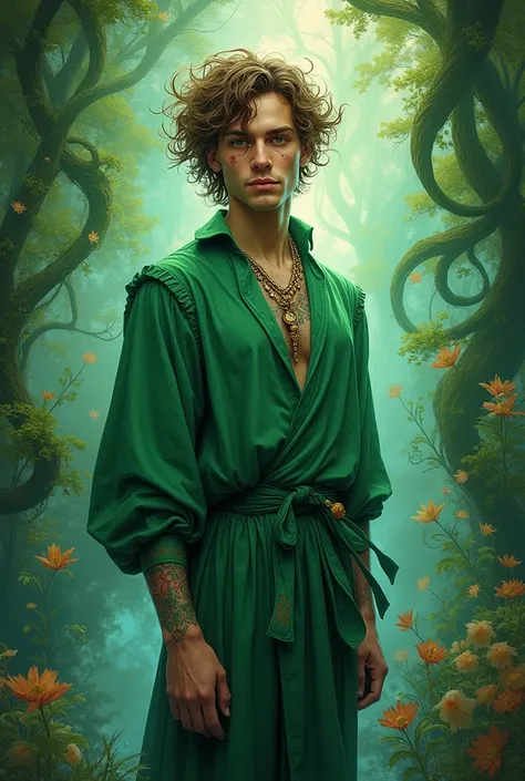 A man in green clothes and with curly hair
