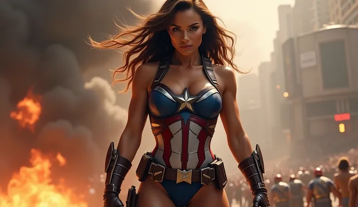 realistic super Hot fitness body female capitan america WEARING SEXY CAPTAN AMERICA SUIT with super super large silicon boobs and big rund ateletic hard ass in super action scene