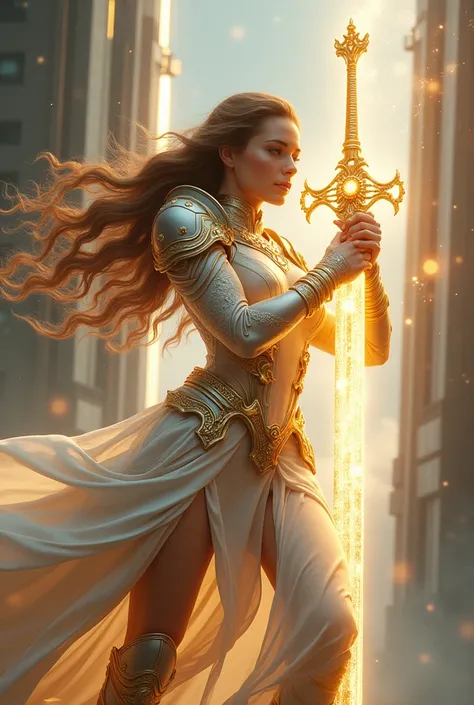 masterpiece, best quality, high quality, (Futurism: 1.1), (Paladin holding the Sword of Light, Magic of Light, Saint, Magic Wave, Silver and Gold), Cinema Lighting, (Exquisite Future)- Cute and beautiful, Super detailed, excellent composition, floating, de...