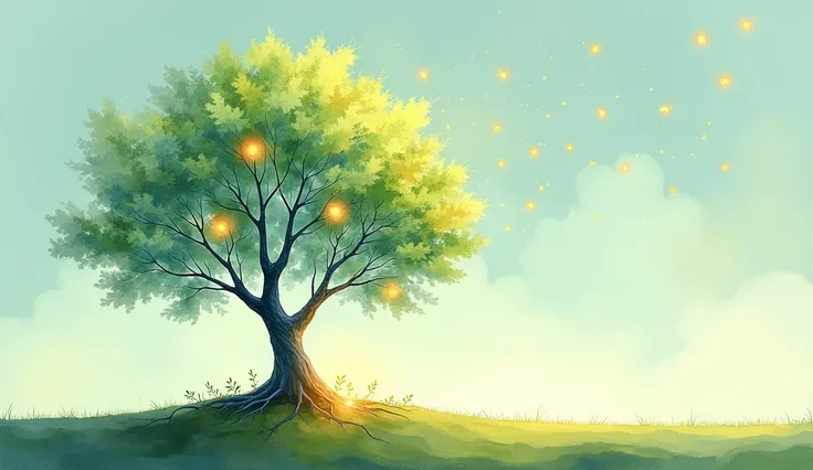 A hand-drawn watercolor and ink-style illustration of a glowing quantum energy tree in a serene, eco-friendly landscape.

Tree Structure:

Branches: Sleek, futuristic branches are crafted from smooth, reflective solar panels, subtly tilted as if capturing ...