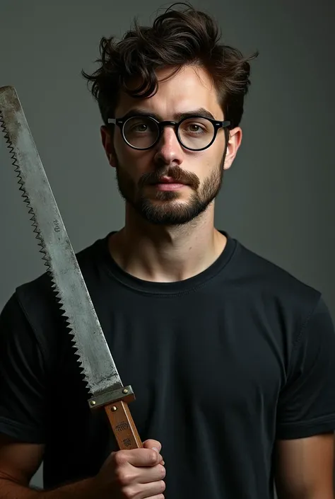 Harry Potter actor Daniel Radclife with beard and glasses, 25 years old, with a saw in my hand