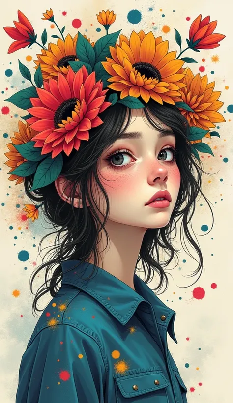 A person surrounded by colorful flowers or paint splatters, with a thoughtful expression
, Illustration drawing stoicism
