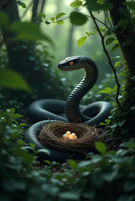 among the bushes, a snake was WATCHING THE NEST