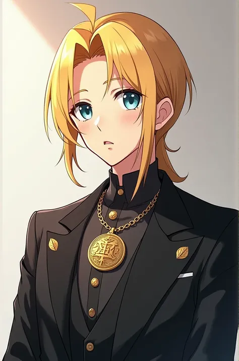 Create a 25 year old anime boy he should be 1 , 70 tall Golden blonde straight hair has ice blue eyes and expensive brand clothes he should be a little muscular and wear a noble medallion around his neck which is an heirloom