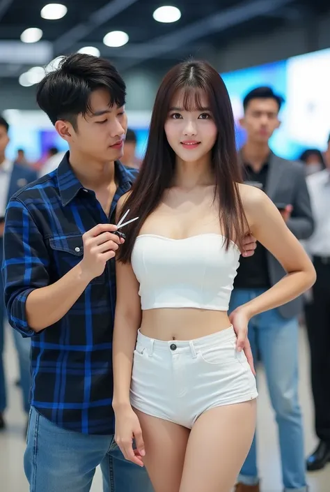 (photorealism:1.2), a 32 year old South Korean young man, wearing a blue and black plaid shirt, blue jeans pants, standing behind holding the waist and cutting the hair of an South Korean plump young woman who is a racing model cosplayer named Song Joo Ah ...