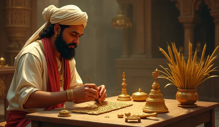 "Create an ultra-realistic, high-definition divine image of "बीरबल का सुनार से सोने की धान की बाली बनवाना

इमेज प्रॉम्प्ट: Birbal sits at a traditional goldsmiths workshop. The goldsmith, wearing simple attire, carefully crafts a golden paddy stalk while B...