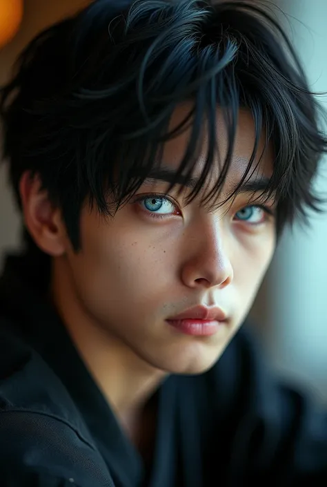 

“A close-up portrait of an 18-year-old boy with medium-length black hair and striking ice-blue eyes. His expression is calm yet mysterious, with a subtle cold aura around him. He is dressed in black fighting clothes, with the focus on his face and upper ...