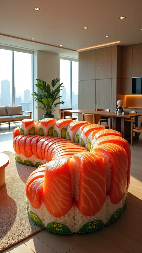 a bright modern room in which sofas are completely made of large pieces of sushi and rolls soaked in salmon and avocado