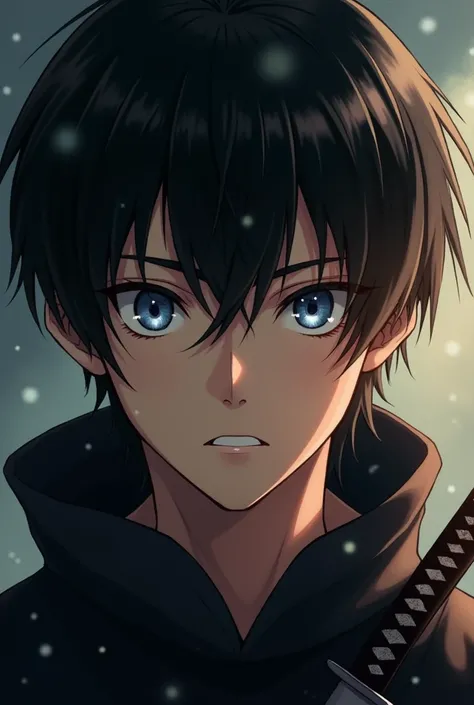 

“A close-up portrait of an 18-year-old boy with medium-length black hair and striking ice-blue eyes. His expression is calm yet mysterious, with a subtle cold aura around him. He is dressed in black fighting clothes, with the focus on his face and upper ...