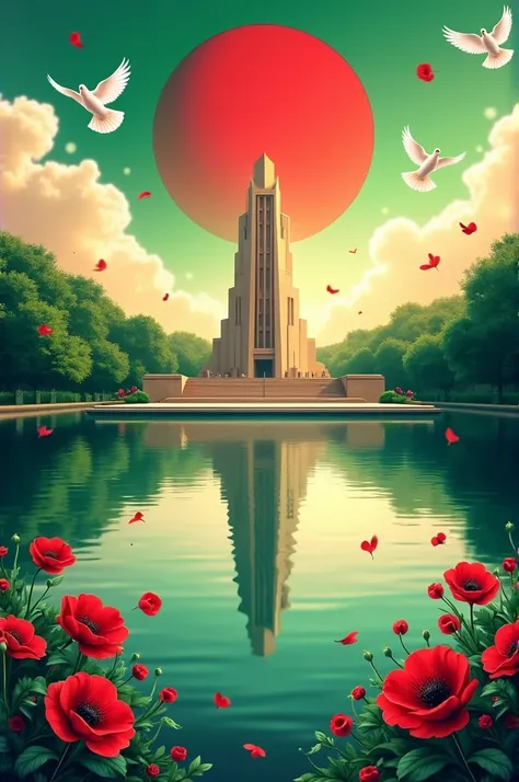 "A vibrant poster for Bangladeshs Victory Day on December 16, featuring the National Martyrs Memorial (Jatiyo Sriti Shoudho) as the focal point. The memorial is reflected in calm water, surrounded by lush green foliage. The background sky is creatively des...