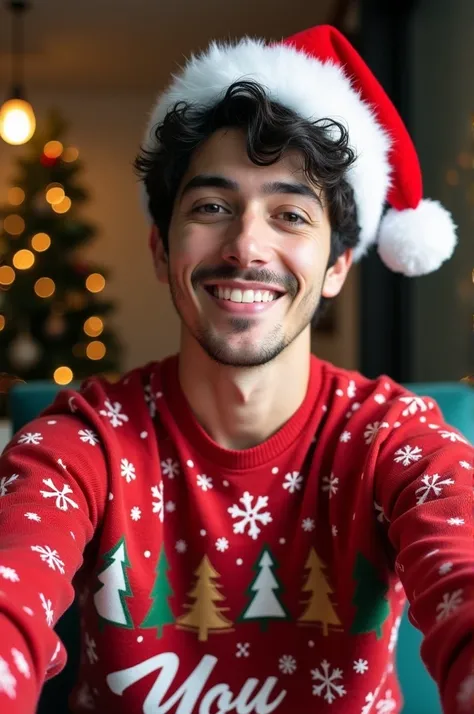  Imagine a 27-year-old man , Joe Goldberg,  with short wavy black hair ,  dark brown eyes, wearing a very festive Christmas outfit .  He is wearing a red Christmas shirt with themed prints,with snowflakes .  It says You on the front . The predominant color...