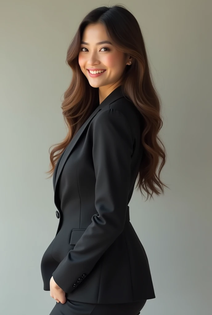 A hyper realistic woman wearing brown formal attire Solo, High resolution, Long hair, Smile, Brown hair, From behind, HD, Award winning, Accurate, Masterpiece, Hi-res, UHD,