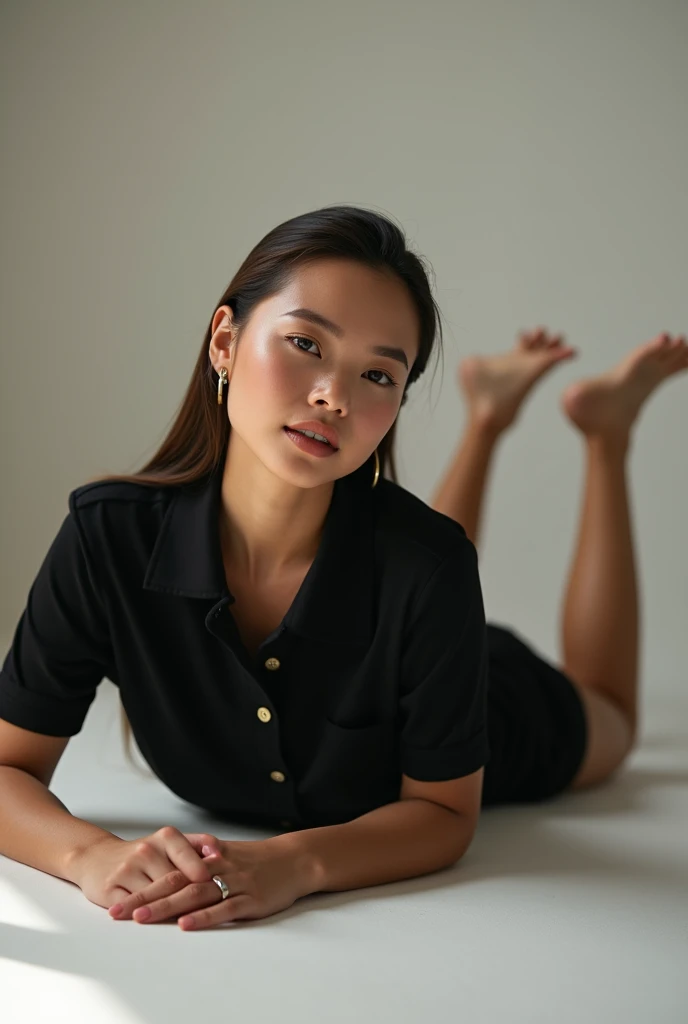 A model posing on her back wearing a black polo