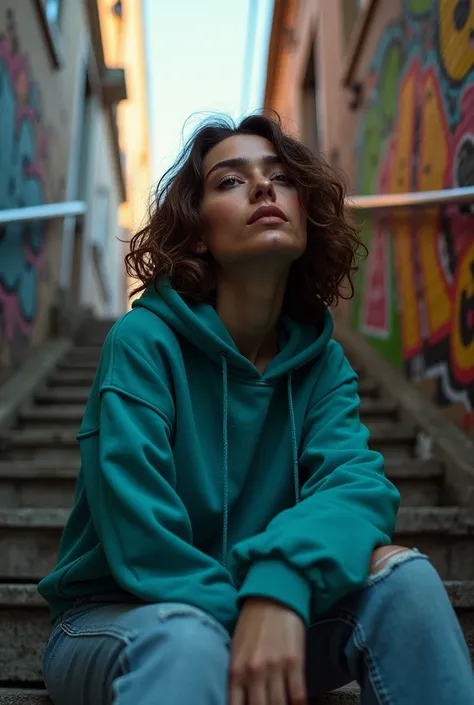  brown-haired Latin woman wearing a blue-green urban style hoodie, posing sitting on a staircase in an alley with graffiti looking up to the sky 
