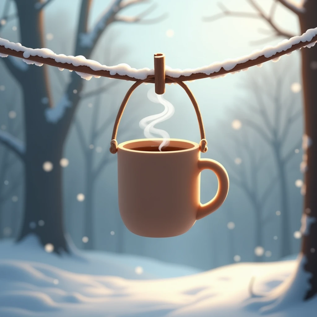  Make me a coffee mug that hangs from the clothesline,  winter temperatures and winter landscape . Soft and harmonious colors .  