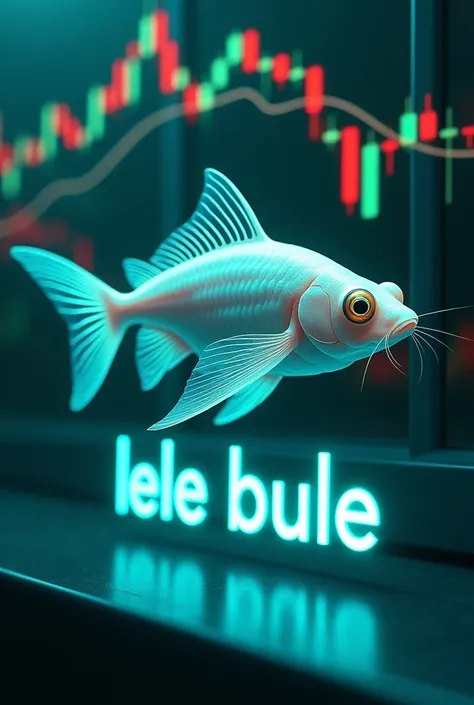 "A scaleless patin fish with beautiful whiskers, its soft skin glowing in a smooth, pearly white, swims through a futuristic digital world. The background is filled with vibrant, neon-lit forex candlestick charts in green, red, and blue, shifting dynamical...