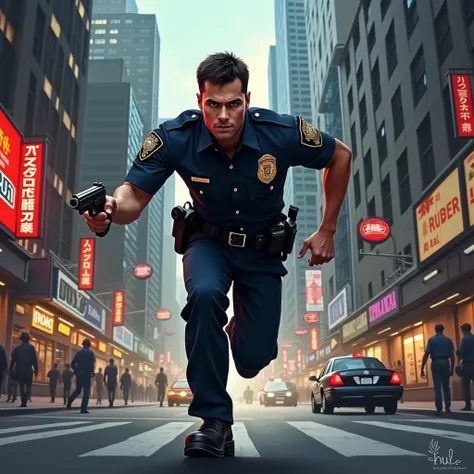 A policeman pointing a gun while running on the city streets