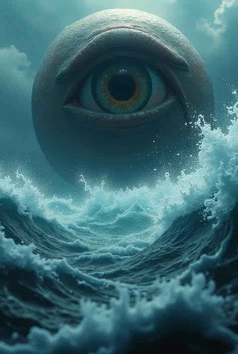  Close-up shots of the sea with bubbles rising , the water moving with force . Then,  a gigantic eye appears from the depths,  Observing the audience .