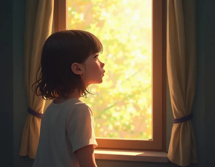 natural light coming through the window and a girl watching,  realistic style ,  front perspective , The girl looks backwards ,  the main character is the light coming through the window.