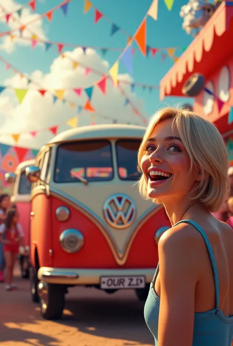 Volkswagen truck at a colorful party with a name on the side "Confra Middle 2024"  and a smiling woman in front, Short-haired blonde celebrating 