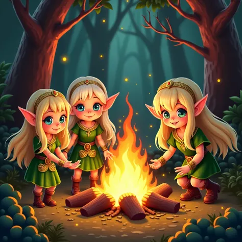 A group of 3 female and 2 male cute elf ren playing around a magical bonfire that emits colorful sparks and enchanting lights. The girls have long blond hair, big blue eyes, and pointy ears. They wear sleeveless green dresses with gold accents and intricat...