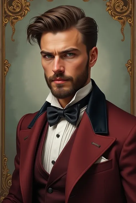 Drawn Portrait of a man in his 30s, Brown Hair and beard, Henry cavill, clear light Grey eyes, victorian burgundy suit, regency era, vintage fantasy Portrait art