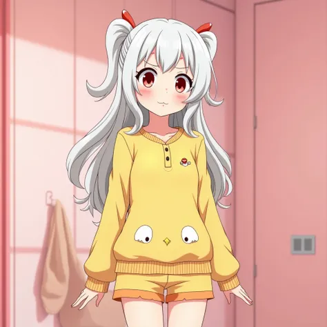  Anime screenshot of My hero Academia 17-year-old girl
Cabello : Long white 
Eyes :Rojos
Mirada : Would be
Appearance : sports uniform Beautiful and attractive
Clothing :Wearing yellow chicken pajamas
Background : In a pink Kawaii room
Full body: Yes
Anima...