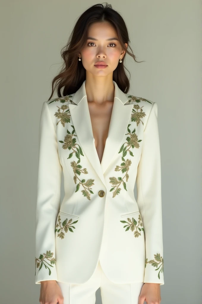 Womens white suit with delicate green and gold embroideries 