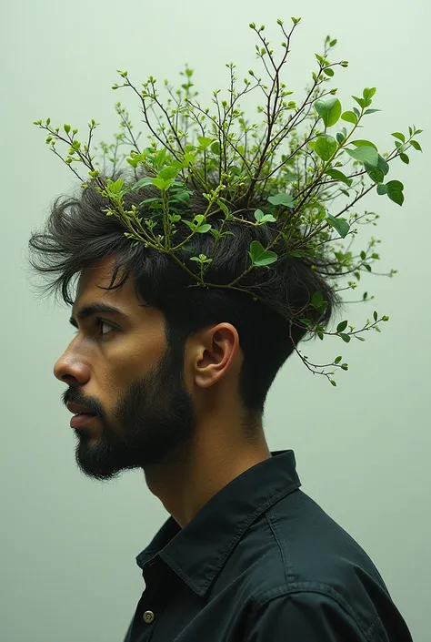 a real photo of a man that his hair is converting to trees